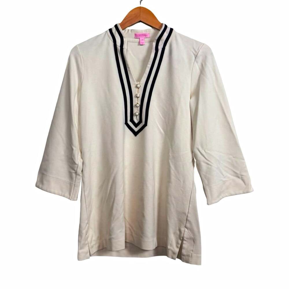 Lilly Pulitzer Women’s White Blue V-Neck 3/4 Sleeve Tunic Blouse Size M